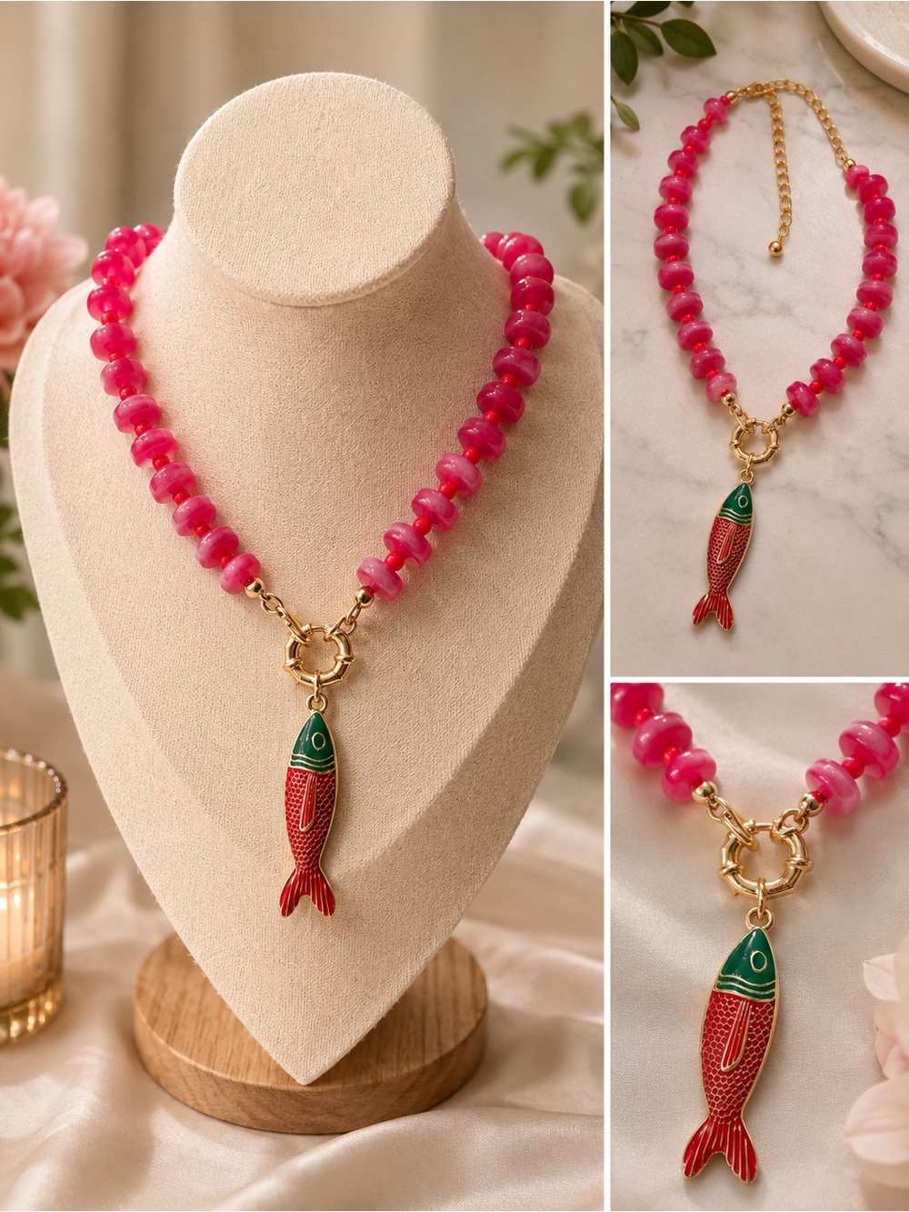 Handmade Pink Beaded Statement Necklace with Colorful Fish Pendant